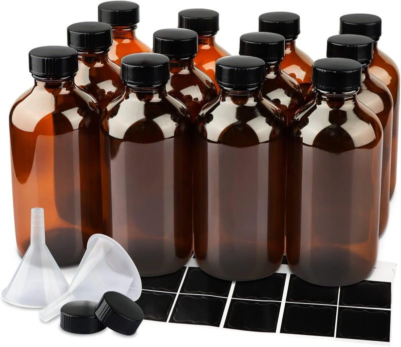 PINIWON 12 Pack 8 oz Amber Glass Bottles, 240ml Boston Round Sample Bottles with Black Poly Cone Caps, Labels and Funnels - Image 1